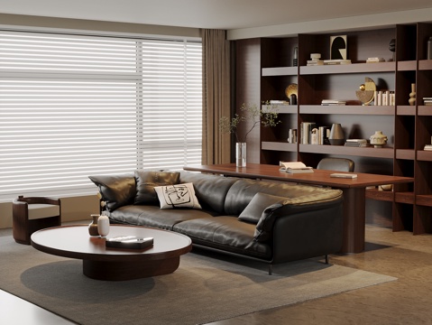 American Middle-style Living Room Leather Sofa Coffee Table Combination Solid Wood Desk and Chair Solid Wood Bookcase