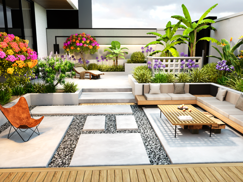 Modern Villa Courtyard Outdoor Table and Chair Flowers and Plants Flower Pond Plant Combination