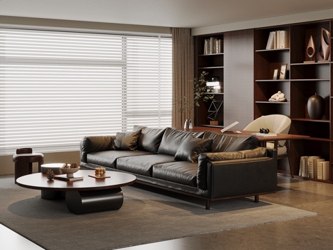 American Middle-style Living Room Leather Sofa Coffee Table Combination Solid Wood Desk and Chair Solid Wood Bookcase