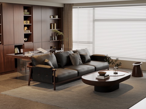 American Middle-style Living Room Leather Sofa Coffee Table Combination Solid Wood Desk and Chair Solid Wood Bookcase