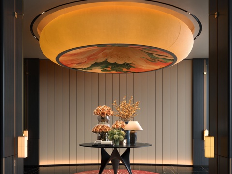 Modern hotel hall floral installation end view platform