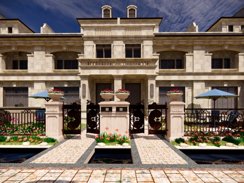 European-style villa courtyard wrought iron gate entrance