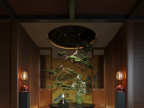 New Chinese-style hotel lobby installation art hanging tree crystal stone