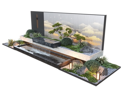 Modern courtyard waterscape wall stacked water pool pine hollow landscape wall