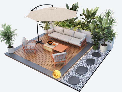 Modern Garden Landscape Outdoor Sofa Umbrella Seat Landscape Plants