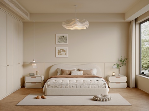 Modern Cream Style Bedroom Master Bedroom Double Bed Wardrobe Picture Chandelier