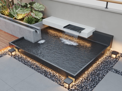 Modern courtyard waterscape with water and flowing water