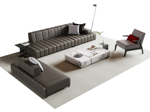 Modern Italian Sofa Coffee Table Combination Multiplayer Sofa Leather Sofa Casual Sofa Floor Lamp