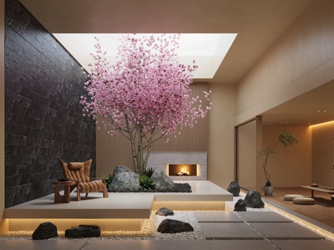 New Chinese Patio Courtyard Cherry Tree Landscape Stone Fireplace