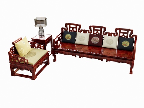 Multi-person Sofa Single Person Sofa Coffee Table Side Table Low Table Table Lamp Pillow Ornaments Luohan Bed Red