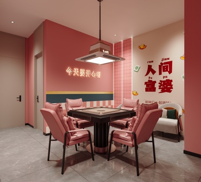 Modern Chess and Card Room Mahjong Hall Mahjong Table Chess and Card Table Mahjong Hall Chandelier Sofa Wine Cabinet