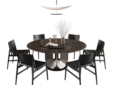 Italian Dining Table and Chair Combination Round Dining Table Rock Board Dining Table Six-person Dining Table and Chair Turntable Dining Table Leather