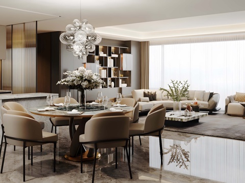 Affordable Luxury Style Italian Style Large Flat Floor Living&Dining Room Horizontal Hall Guest DiningRoom Round Table Restaurant High-class Grey Guest Restaurant