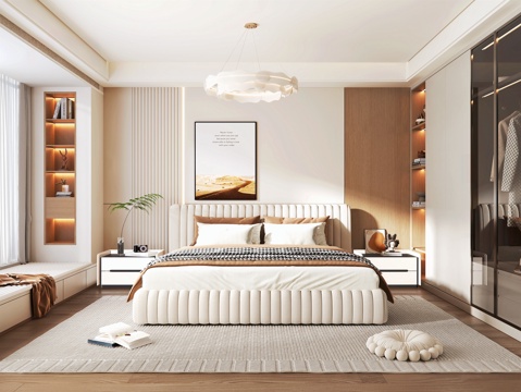 Modern Cream Home Bedroom Cream Style Double Bed Wardrobe Nightstand Bedroom Chandelier Decoration