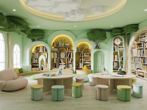 Modern Children's Library Kindergarten Reading Room Children's Library Reading Area Library Bookcase Books