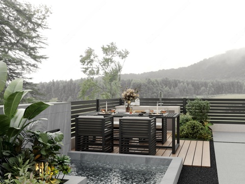 Modern Balcony Fish Pond Green Planting Leisure Table and Chair Wood Floor