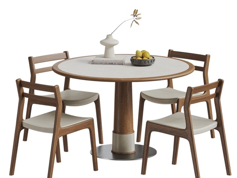 Modern Dining Table and Chair Combination Round Dining Table Solid Wood Dining Chair Leather Dining Chair Rock Plate Dining Table