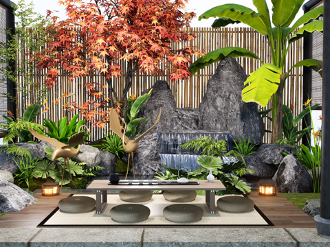 Chinese Zen villa courtyard rockery stone waterscape stone tea table sketch landscape red maple