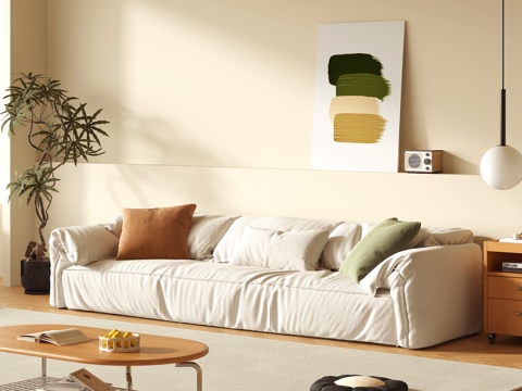 Modern Cream Style Sofa Multi-person Sofa Hanging Picture Green Planting Sofa Coffee Table Combination