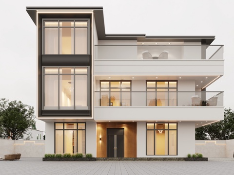 Modern villa exterior villa facade single-family villa three-story residential building floor-to-ceiling windows