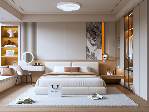 Modern Minimalist Home Bedroom Double Bed Makeup Table Wardrobe Ceiling Light Wall Bay Window