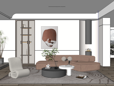 Modern living room_sofa tea table combination_Lounge Chair_multi-person sofa_fireplace_green potted plants