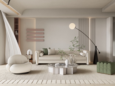 -Ji living room_sofa tea table combination_double sofa_floor lamp_single sofa_stool