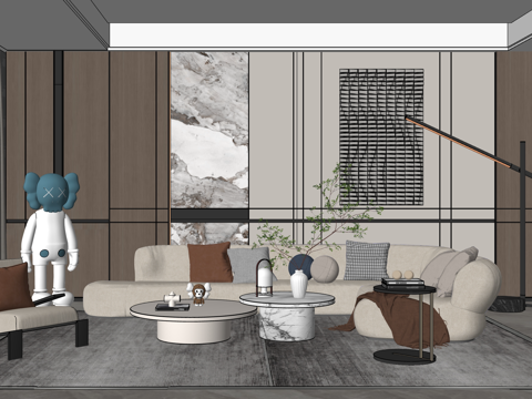 Modern living room_sofa tea table combination_Lounge Chair_sculpture ornaments_floor lamp_wall decoration_curtain