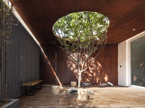 Modern courtyard terrace tree pool lighting well sun shed