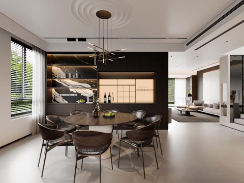 Modern DiningRoom Affordable Luxury Style Restaurant Italian Restaurant Black and White Grey Round Dining Table Wine Cabinet Chandelier