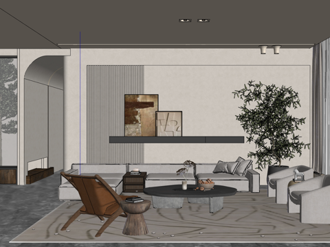 -Ji living room_sofa tea table combination_Lounge Chair_sculpture_ornaments_plants_venetian blinds