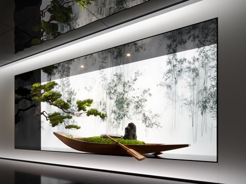 Modern Artistic Sculpture boat installation moss upside down pine tree interior landscape