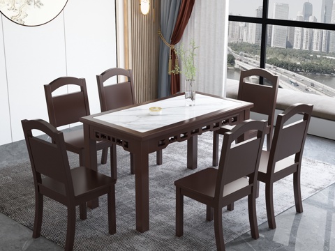 New Chinese Dining Table and Chair Combination Chair Long Table Plant Decoration for Six People