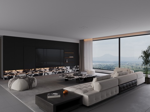 Italian minimalist living room large flat floor living room black and white gray living room without main lamp living room horizontal hall