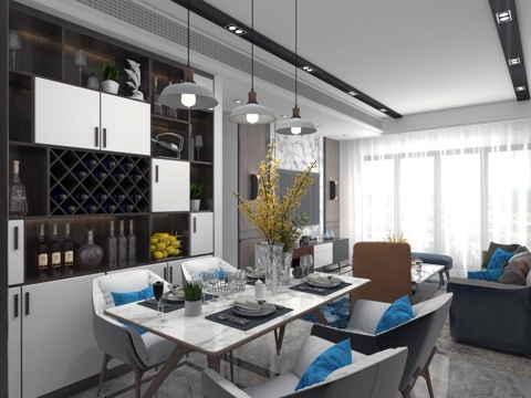 Modern DiningRoom Dining Table and Chair Wine Cabinet Chandelier