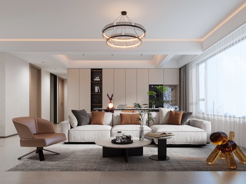 Modern Living Room Fabric Sofa Leather Chair Chandelier Open Study