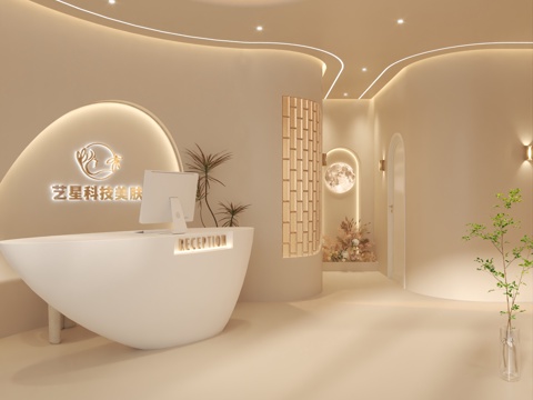 Cream style beauty salon lobby front desk rest area beauty room clock-in area landscape area