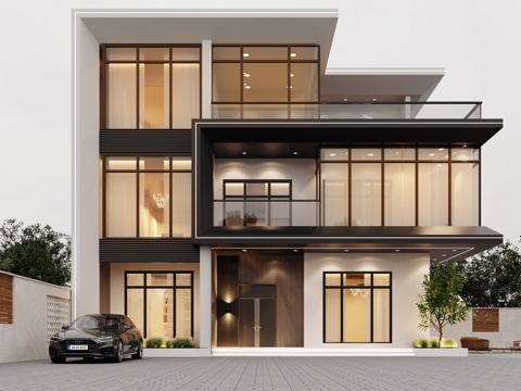 Modern villa exterior villa facade single-family villa three-story residential building floor-to-ceiling windows