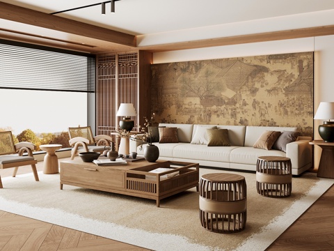 New Chinese Song Style Living Room Chinese Sofa Combination Song Aesthetics Solid Wood Coffee Table Chinese Background