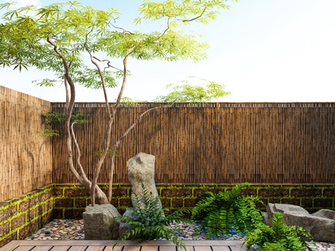 New Chinese Japanese Zen Garden Landscape Green Maple Mountain Stone Solitary Bamboo Fence Bamboo Green