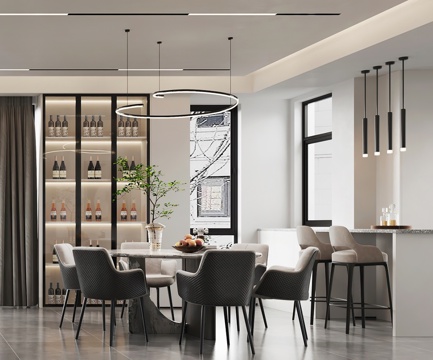 Modern DiningRoom Round Dining Table Bar Affordable Luxury Style Restaurant Italian Restaurant Chandelier Wine Cabinet