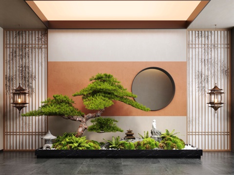 Neo-Chinese Style Indoor Landscape Plant Landscaping Pine Moss Landscape Stone