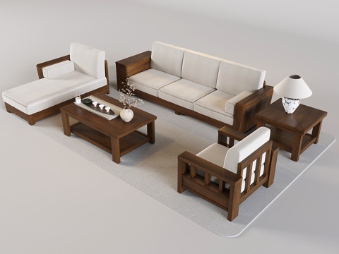 Chinese Sofa Coffee Table Combination Solid Wood Sofa Coffee Table Tea Set Table Lamp Vase Flower Art