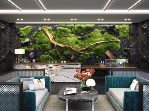 Modern hotel lobby bar moss wall dead wood leisure sofa bar