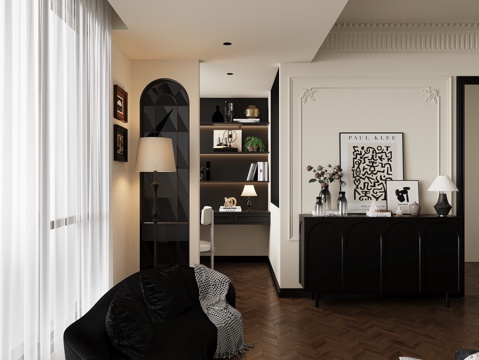 Mid-century Style black and white gray French master bedroom