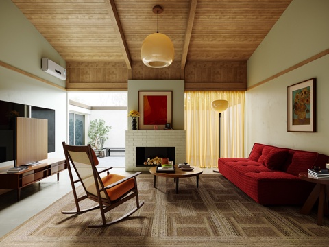 Mid-century Style Log Villa Living Room