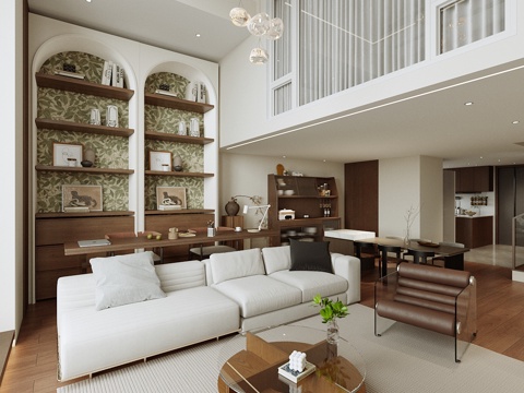 The design of living room and living room in the horizontal hall of the apartment is integrated with the design of guest meal.