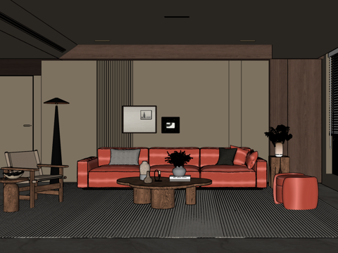 Modern antique living room_sofa tea table combination_Lounge Chair_picture_dried flower_floor lamp