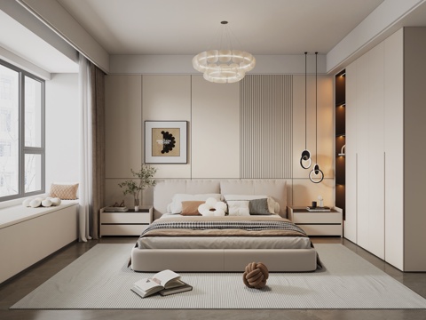 Modern Simple Home Bedroom Master Bedroom Second Bedroom Bay Window Bedroom Double Bed Bedside Table Chandelier