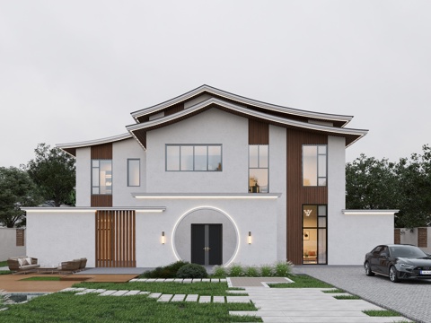 New Chinese-style Villa Architectural Exterior Courtyard Enclosed Two-story New Chinese-style Villa